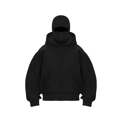 Unisex Hoodie Coat Warm Loose Balaclava Jacket Outdoor Sports Casual Jacket with Face Mask Street Wear