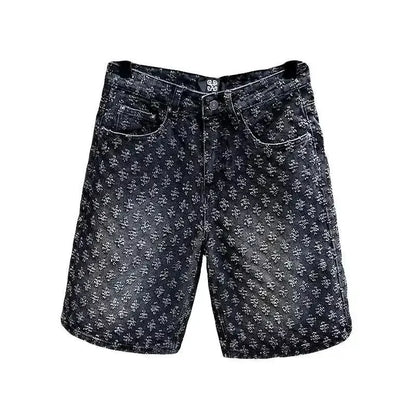 2025 American style new denim shorts for men in summer, loose straight tube, perforated jacquard, high-end feeling, five point