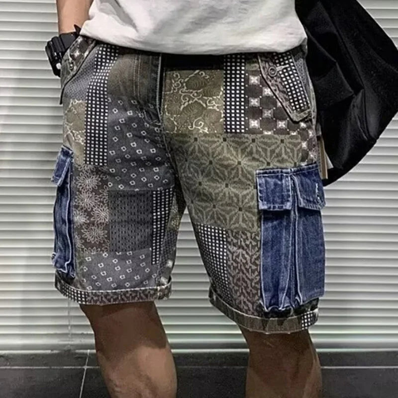 Men's Denim Shorts Workwear Trendy Color Blocked Five Quarter Pants Summer Daily Casual Wear