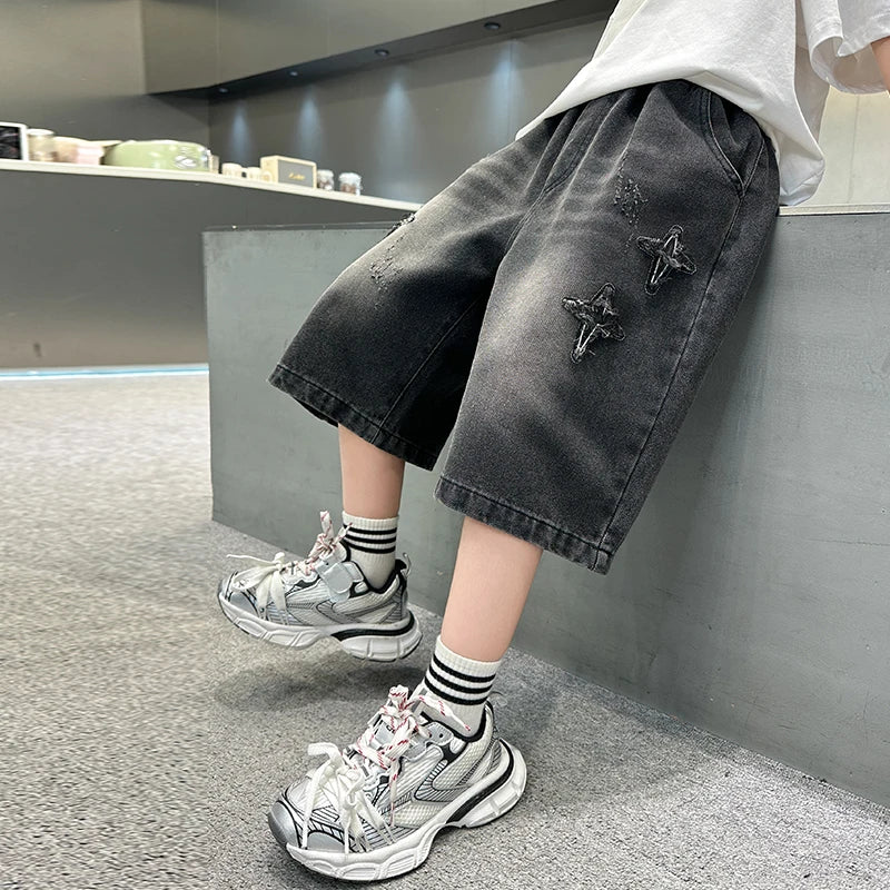 Boys' Denim Shorts, Straight and Loose Fit, with Distressed Holes and Frayed Edges on Both Sides, Washed and Faded, with Star Embroidery, Unique and Fashionable, Trendy, Street Casual