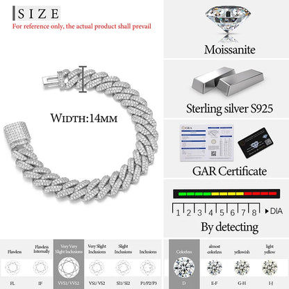 High Quality 14mm Cuban Link Necklace Men Mossanite Sterling Silver 925  Chains Necklaces Hip Hop Jewelry