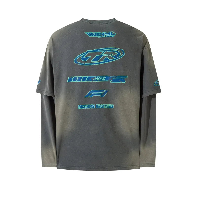 Vintage Long Sleeve T Shirt Men Streetwear Letter Graphic Tshirt Y2K Harajuku Retro Washed Long Sleeve T-shirt Cotton Loose Tops