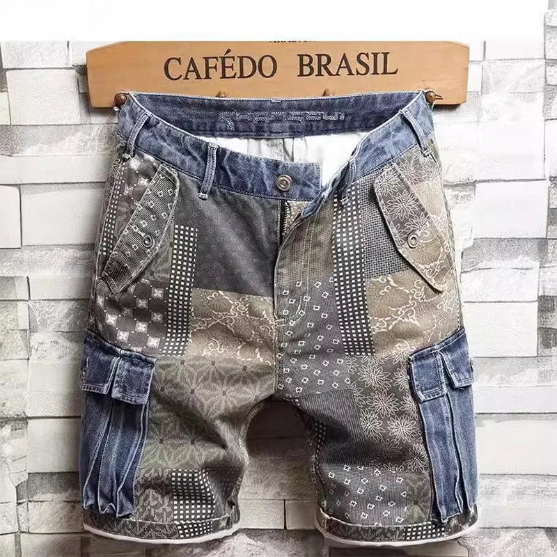 Men's Denim Shorts Workwear Trendy Color Blocked Five Quarter Pants Summer Daily Casual Wear