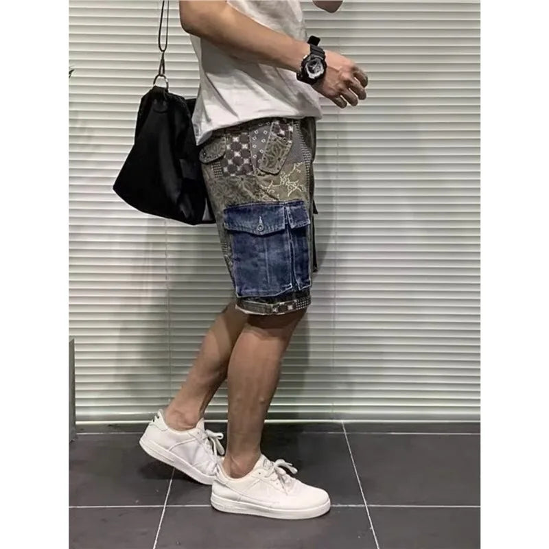 Men's Denim Shorts Workwear Trendy Color Blocked Five Quarter Pants Summer Daily Casual Wear